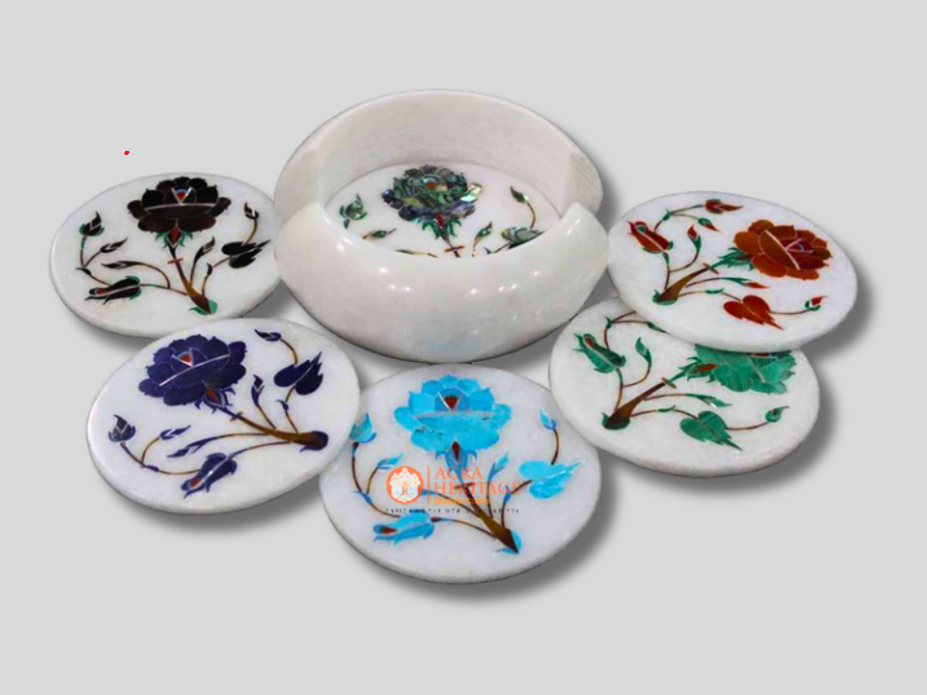 Marble Tea Holder Coaster Set Floral Art